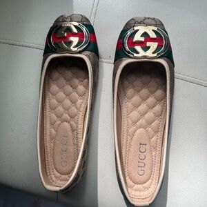 Gucci Tan Flats with Iconic GG Logo and Quilted Insole